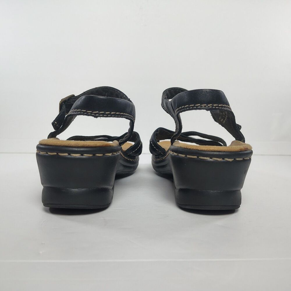 Clarks Bendables Womens 8.5M Black Leather Strappy Wedge Sandals Ankle Straps - Picture 5 of 11
